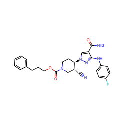 N#C[C@@H]1CN(C(=O)OCCCc2ccccc2)CC[C@H]1n1cc(C(N)=O)c(Nc2ccc(F)cc2)n1 ZINC000205029749