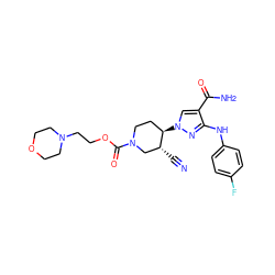 N#C[C@@H]1CN(C(=O)OCCN2CCOCC2)CC[C@H]1n1cc(C(N)=O)c(Nc2ccc(F)cc2)n1 ZINC000221255311