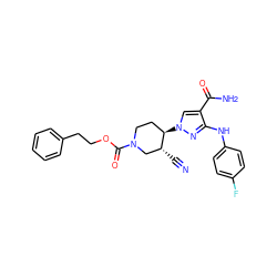 N#C[C@@H]1CN(C(=O)OCCc2ccccc2)CC[C@H]1n1cc(C(N)=O)c(Nc2ccc(F)cc2)n1 ZINC000205064093