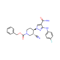 N#C[C@@H]1CN(C(=O)OCc2ccccc2)CC[C@H]1n1cc(C(N)=O)c(Nc2ccc(F)cc2)n1 ZINC000205030142