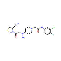 N#C[C@@H]1CSCN1C(=O)CN(N)C1CCN(CC(=O)Nc2ccc(F)c(Cl)c2)CC1 ZINC000049021087