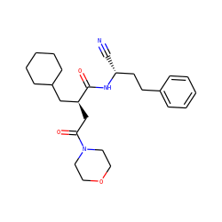 N#C[C@H](CCc1ccccc1)NC(=O)[C@@H](CC(=O)N1CCOCC1)CC1CCCCC1 ZINC000028817551