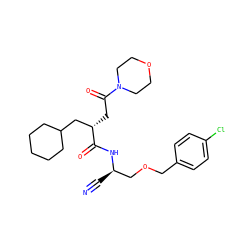 N#C[C@H](COCc1ccc(Cl)cc1)NC(=O)[C@@H](CC(=O)N1CCOCC1)CC1CCCCC1 ZINC000028817589