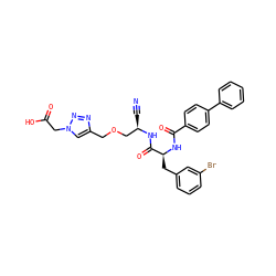 N#C[C@H](COCc1cn(CC(=O)O)nn1)NC(=O)[C@H](Cc1cccc(Br)c1)NC(=O)c1ccc(-c2ccccc2)cc1 ZINC000653878522