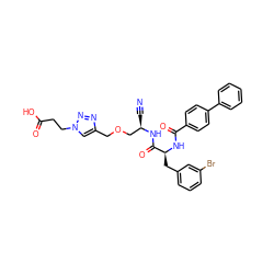 N#C[C@H](COCc1cn(CCC(=O)O)nn1)NC(=O)[C@H](Cc1cccc(Br)c1)NC(=O)c1ccc(-c2ccccc2)cc1 ZINC000653888011