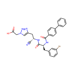 N#C[C@H](Cc1cn(CC(=O)O)nn1)NC(=O)[C@H](Cc1cccc(Br)c1)NC(=O)c1ccc(-c2ccccc2)cc1 ZINC000653888088