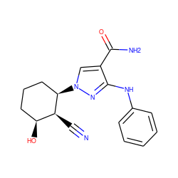 N#C[C@H]1[C@@H](O)CCC[C@H]1n1cc(C(N)=O)c(Nc2ccccc2)n1 ZINC000221185974