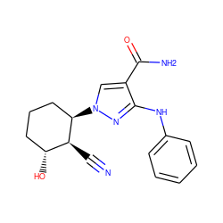 N#C[C@H]1[C@H](O)CCC[C@H]1n1cc(C(N)=O)c(Nc2ccccc2)n1 ZINC000221186078