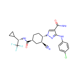 N#C[C@H]1C[C@@H](C(=O)N[C@@H](C2CC2)C(F)(F)F)CC[C@@H]1n1cc(C(N)=O)c(Nc2ccc(Cl)cc2)n1 ZINC000221838192