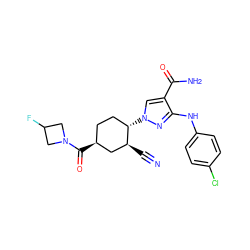 N#C[C@H]1C[C@@H](C(=O)N2CC(F)C2)CC[C@@H]1n1cc(C(N)=O)c(Nc2ccc(Cl)cc2)n1 ZINC000221111754