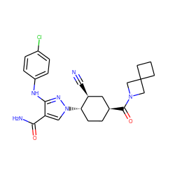 N#C[C@H]1C[C@@H](C(=O)N2CC3(CCC3)C2)CC[C@@H]1n1cc(C(N)=O)c(Nc2ccc(Cl)cc2)n1 ZINC000221159490