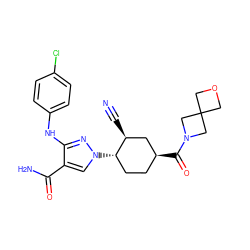 N#C[C@H]1C[C@@H](C(=O)N2CC3(COC3)C2)CC[C@@H]1n1cc(C(N)=O)c(Nc2ccc(Cl)cc2)n1 ZINC000221142764