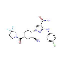 N#C[C@H]1C[C@@H](C(=O)N2CCC(F)(F)C2)CC[C@@H]1n1cc(C(N)=O)c(Nc2ccc(Cl)cc2)n1 ZINC000205037740