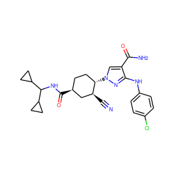 N#C[C@H]1C[C@@H](C(=O)NC(C2CC2)C2CC2)CC[C@@H]1n1cc(C(N)=O)c(Nc2ccc(Cl)cc2)n1 ZINC000205027813