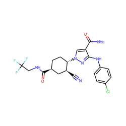 N#C[C@H]1C[C@@H](C(=O)NCC(F)(F)F)CC[C@@H]1n1cc(C(N)=O)c(Nc2ccc(Cl)cc2)n1 ZINC000221206360