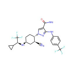 N#C[C@H]1C[C@@H](N[C@@H](C2CC2)C(F)(F)F)CC[C@@H]1n1cc(C(N)=O)c(Nc2ccc(C(F)(F)F)cc2)n1 ZINC000221174541