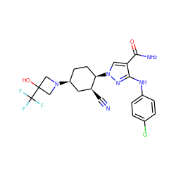 N#C[C@H]1C[C@@H](N2CC(O)(C(F)(F)F)C2)CC[C@H]1n1cc(C(N)=O)c(Nc2ccc(Cl)cc2)n1 ZINC000221122334