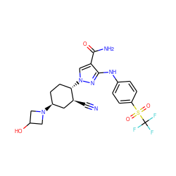 N#C[C@H]1C[C@@H](N2CC(O)C2)CC[C@@H]1n1cc(C(N)=O)c(Nc2ccc(S(=O)(=O)C(F)(F)F)cc2)n1 ZINC000205010044