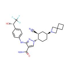 N#C[C@H]1C[C@@H](N2CC3(CCC3)C2)CC[C@@H]1n1cc(C(N)=O)c(Nc2ccc([C@H](O)C(F)(F)F)cc2)n1 ZINC000221094859