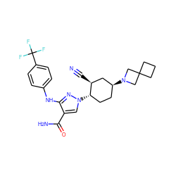 N#C[C@H]1C[C@@H](N2CC3(CCC3)C2)CC[C@@H]1n1cc(C(N)=O)c(Nc2ccc(C(F)(F)F)cc2)n1 ZINC000221205779