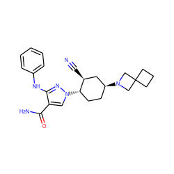 N#C[C@H]1C[C@@H](N2CC3(CCC3)C2)CC[C@@H]1n1cc(C(N)=O)c(Nc2ccccc2)n1 ZINC000221173741