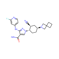 N#C[C@H]1C[C@@H](N2CC3(CCC3)C2)CC[C@@H]1n1cc(C(N)=O)c(Nc2ccnc(F)c2)n1 ZINC000221099271