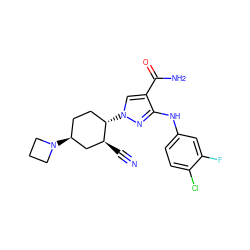 N#C[C@H]1C[C@@H](N2CCC2)CC[C@@H]1n1cc(C(N)=O)c(Nc2ccc(Cl)c(F)c2)n1 ZINC000204984002