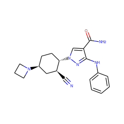 N#C[C@H]1C[C@@H](N2CCC2)CC[C@@H]1n1cc(C(N)=O)c(Nc2ccccc2)n1 ZINC000221862790