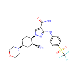 N#C[C@H]1C[C@@H](N2CCOCC2)CC[C@H]1n1cc(C(N)=O)c(Nc2ccc(S(=O)(=O)C(F)(F)F)cc2)n1 ZINC000204975184