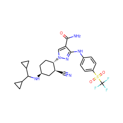 N#C[C@H]1C[C@@H](NC(C2CC2)C2CC2)CC[C@@H]1n1cc(C(N)=O)c(Nc2ccc(S(=O)(=O)C(F)(F)F)cc2)n1 ZINC000221124092