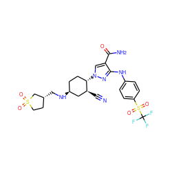 N#C[C@H]1C[C@@H](NC[C@@H]2CCS(=O)(=O)C2)CC[C@@H]1n1cc(C(N)=O)c(Nc2ccc(S(=O)(=O)C(F)(F)F)cc2)n1 ZINC000221836308