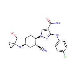 N#C[C@H]1C[C@@H](NC2(CO)CC2)CC[C@H]1n1cc(C(N)=O)c(Nc2ccc(Cl)cc2)n1 ZINC000221069563