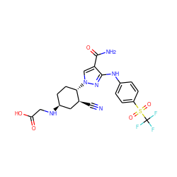 N#C[C@H]1C[C@@H](NCC(=O)O)CC[C@@H]1n1cc(C(N)=O)c(Nc2ccc(S(=O)(=O)C(F)(F)F)cc2)n1 ZINC000221169726