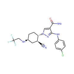 N#C[C@H]1C[C@@H](NCC(F)(F)F)CC[C@@H]1n1cc(C(N)=O)c(Nc2ccc(Cl)cc2)n1 ZINC000221249871