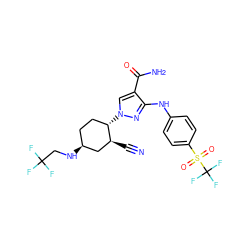 N#C[C@H]1C[C@@H](NCC(F)(F)F)CC[C@@H]1n1cc(C(N)=O)c(Nc2ccc(S(=O)(=O)C(F)(F)F)cc2)n1 ZINC000221232789