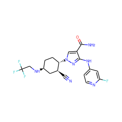 N#C[C@H]1C[C@@H](NCC(F)(F)F)CC[C@@H]1n1cc(C(N)=O)c(Nc2ccnc(F)c2)n1 ZINC000221222332