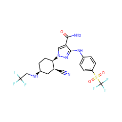 N#C[C@H]1C[C@@H](NCC(F)(F)F)CC[C@H]1n1cc(C(N)=O)c(Nc2ccc(S(=O)(=O)C(F)(F)F)cc2)n1 ZINC000221232737