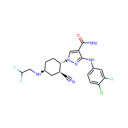 N#C[C@H]1C[C@@H](NCC(F)F)CC[C@@H]1n1cc(C(N)=O)c(Nc2ccc(Cl)c(F)c2)n1 ZINC000221886838