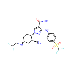 N#C[C@H]1C[C@@H](NCC(F)F)CC[C@@H]1n1cc(C(N)=O)c(Nc2ccc(S(=O)(=O)C(F)F)cc2)n1 ZINC000221220946