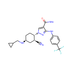 N#C[C@H]1C[C@@H](NCC2CC2)CC[C@@H]1n1cc(C(N)=O)c(Nc2ccc(C(F)(F)F)cc2)n1 ZINC000221855819