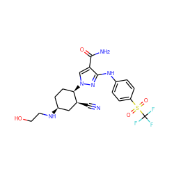 N#C[C@H]1C[C@@H](NCCO)CC[C@H]1n1cc(C(N)=O)c(Nc2ccc(S(=O)(=O)C(F)(F)F)cc2)n1 ZINC000221085244