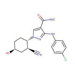 N#C[C@H]1C[C@@H](O)CC[C@@H]1n1cc(C(N)=O)c(Nc2ccc(Cl)cc2)n1 ZINC000204965822