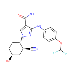 N#C[C@H]1C[C@@H](O)CC[C@@H]1n1cc(C(N)=O)c(Nc2ccc(OC(F)F)cc2)n1 ZINC000204966063