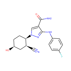 N#C[C@H]1C[C@@H](O)CC[C@H]1n1cc(C(N)=O)c(Nc2ccc(F)cc2)n1 ZINC000221213021