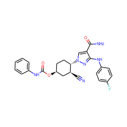 N#C[C@H]1C[C@@H](OC(=O)Nc2ccccc2)CC[C@@H]1n1cc(C(N)=O)c(Nc2ccc(F)cc2)n1 ZINC000221865483