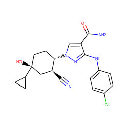 N#C[C@H]1C[C@](O)(C2CC2)CC[C@@H]1n1cc(C(N)=O)c(Nc2ccc(Cl)cc2)n1 ZINC000221210939