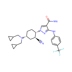 N#C[C@H]1C[C@H](N(CC2CC2)CC2CC2)CC[C@@H]1n1cc(C(N)=O)c(Nc2ccc(C(F)(F)F)cc2)n1 ZINC000221117835