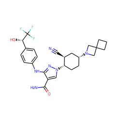 N#C[C@H]1C[C@H](N2CC3(CCC3)C2)CC[C@@H]1n1cc(C(N)=O)c(Nc2ccc([C@H](O)C(F)(F)F)cc2)n1 ZINC000221886087