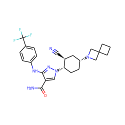 N#C[C@H]1C[C@H](N2CC3(CCC3)C2)CC[C@@H]1n1cc(C(N)=O)c(Nc2ccc(C(F)(F)F)cc2)n1 ZINC000221205890