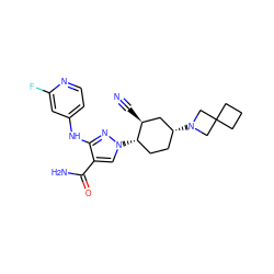 N#C[C@H]1C[C@H](N2CC3(CCC3)C2)CC[C@@H]1n1cc(C(N)=O)c(Nc2ccnc(F)c2)n1 ZINC000221099414